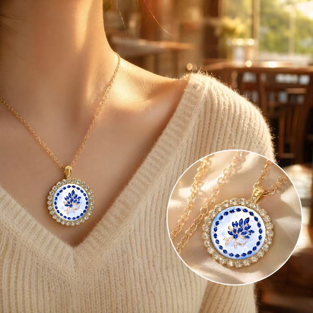 Blue Floral Pattern Pendant Necklace, Unisex